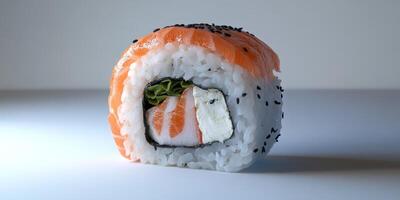 A vibrant sushi roll featuring fresh salmon, creamy cheese, and aromatic seaweed. Perfectly presented on a sleek surface, this dish offers a delightful culinary experience. photo