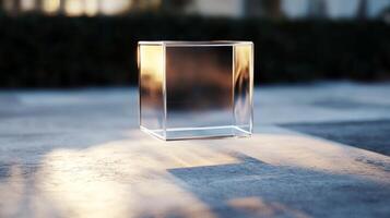 A clear cube is floating in the air. The cube is in the center of the image. The cube is surrounded by a shadow photo