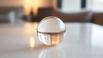 A clear ball is sitting on a table. The table is white photo