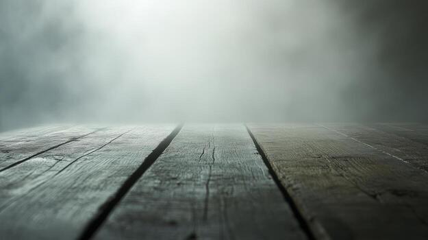 A wooden table with a foggy background. The table is empty photo