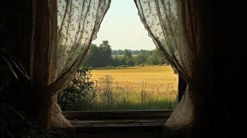 A window with a white curtain that is open to a field. The field is full of grass and trees photo