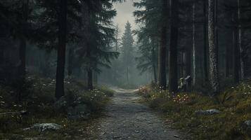 A peaceful forest path lined with tall trees and vibrant greenery, creating a serene and tranquil atmosphere. photo