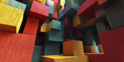 Explore a vibrant and colorful abstract digital artwork featuring three-dimensional blocks of various sizes and textures, creating a captivating visual experience. photo