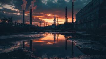 Captivating industrial scene at dusk featuring silhouetted factory chimneys. Reflections shimmer in water, creating a stark contrast against the vibrant sky. photo