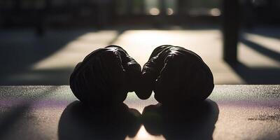 Close-up of two boxing gloves touching, creating a silhouette effect in a gym with dramatic lighting. photo