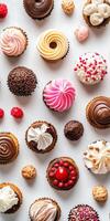A close up of many different types of cupcakes with frosting and sprinkles. The cupcakes are arranged in a pattern on a white background photo
