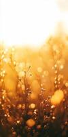 A field of yellow grass with sun shining on it. The sun is casting a warm glow on the grass, making it look like it's on fire. The grass is dry and brown photo