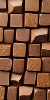 This image showcases a close-up view of textured chocolate cubes, ideal for food photography, emphasizing richness and indulgence in desserts. Perfect for culinary projects. photo