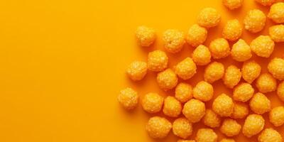 A vibrant collection of bright yellow snack balls arranged on a matching yellow background, creating a fun and energetic visual perfect for food-related themes. photo