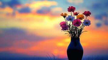 A vivid bouquet of flowers in a vase silhouetted against a breathtaking sunset, showcasing a colorful sky. photo