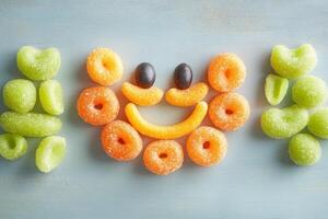 This delightful arrangement features colorful candies shaped into a playful smiley face. A perfect representation of joy and fun, ideal for food art and party themes. photo