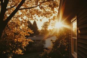 Sunlight filters through autumn leaves, casting a warm glow over a peaceful suburban neighborhood. photo