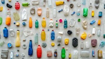 Colorful Display of Plastic Bottles and Containers on Wall Surface photo