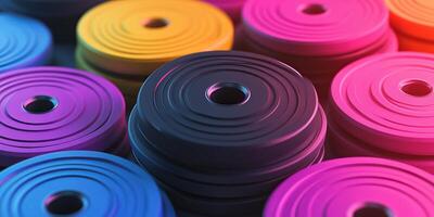 A vibrant arrangement of colorful weights designed for fitness enthusiasts. Perfect for highlighting gym equipment and exercise routines in a dynamic setting. photo