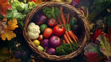 A basket full of vegetables including tomatoes, carrots, and onions. The basket is overflowing with a variety of colorful vegetables, creating a vibrant and healthy atmosphere photo