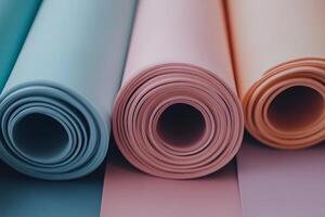 Close-up of pastel fabric rolls in blue, pink, and peach, perfect for design, sewing, and craft inspiration. photo