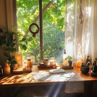 A window with a view of trees and a table with a white cloth and a few potted plants photo