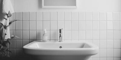 A white bathroom sink with a white tile wall. A bottle of soap is on the counter next to the sink photo