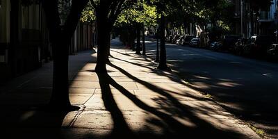 Early morning sunlight casts long shadows of trees on a quiet urban street, creating a peaceful and serene cityscape. photo