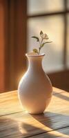 A white ceramic vase with a single flower, bathed in warm sunlight on a wooden table, creating a serene and cozy atmosphere. photo