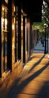 A serene urban street at sunset, showcasing long shadows and warm light on brick buildings, creating a peaceful atmosphere. photo