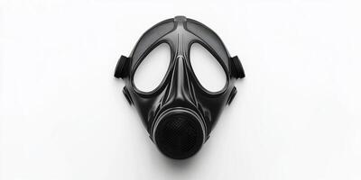 Detailed image of a black gas mask isolated on a white background, ideal for safety, industrial, and emergency themes. photo