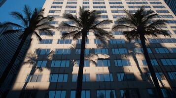 Tall palm trees cast shadows on a modern skyscraper, creating a striking urban scene under a clear blue sky. photo
