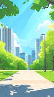 A vibrant cityscape featuring tall skyscrapers, a green park, and a clear blue sky, capturing the essence of urban nature. photo