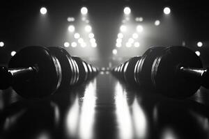 Close-up of dumbbells on a gym floor, highlighted by dramatic lighting, creating an intense workout atmosphere. photo
