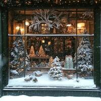 Window display of Christmas trees and presents. The window is covered in snow and the trees are lit up photo