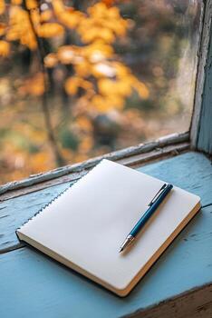 A blank notebook and pen rest on a rustic window sill, with vibrant autumn leaves softly blurred in the background. photo