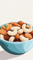 Bowl of nuts with almonds, cashews, and walnuts. The bowl is blue and the nuts are scattered throughout the bowl photo