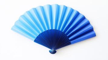 A blue and white fan is on a white background. The blue fan is folded in half. The fan is made of paper photo