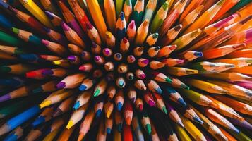 A bunch of colored pencils are in a circle. The pencils are in different colors and sizes photo