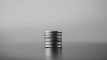 Monochrome Stack of Silver Coins Symbolizing Wealth and Financial Prosperity on Reflective Surface photo