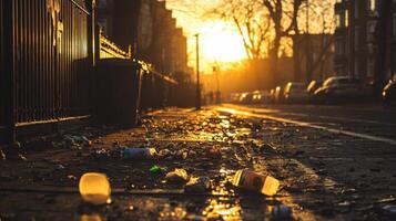Urban street scene with litter during sunset in a city setting photo