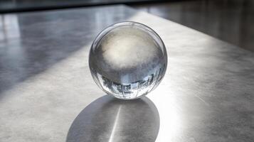 A crystal ball sits on a reflective surface, casting shadows and reflections in natural light, creating a minimalist and modern aesthetic. photo