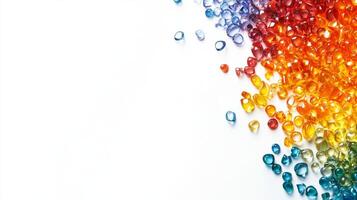 A bunch of colorful gems are scattered on a white background. The gems are of different colors and sizes photo