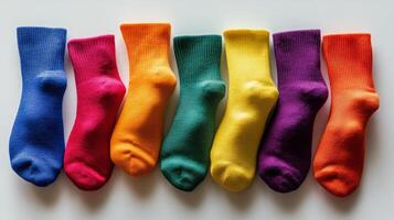 A vibrant display of colorful socks arranged in a rainbow order on a white background, highlighting fashion and style. photo