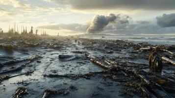 A captivating beach scene showcases scattered logs on a wet shoreline under a dramatic sky, with smoke rising in the distance, highlighting nature's beauty and fragility. photo