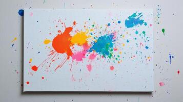 A colorful painting with splatters of paint on it. The painting is white and has a vibrant splash of paint in the middle photo