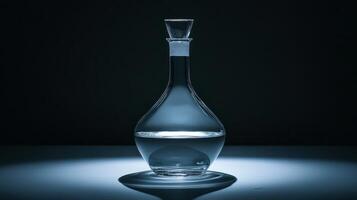 A glass bottle of water is sitting on a table. The bottle is clear and has a cork stopper photo