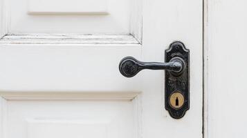 A black and white door handle with a keyhole sits on the door of a white door. The handle is made of metal and has a keyhole in the middle. The door is likely a part of a building photo