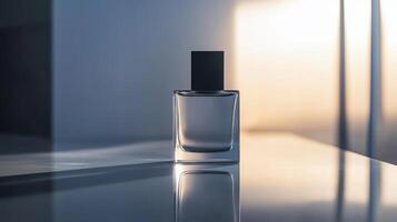 A sleek glass perfume bottle sits on a reflective surface, bathed in soft sunlight, creating a minimalist and elegant aesthetic. photo