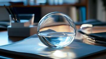 A glass sphere reflecting light on a desk with papers and stationery in a sunlit modern office setting. photo