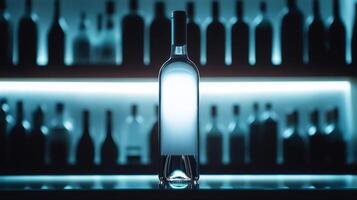 A bottle of alcohol is on a bar. There are many other bottles on the bar. The bottle is empty photo