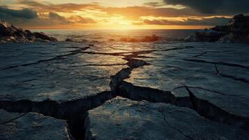 Barren landscape with cracked earth stretching towards the ocean at sunset. The warm light illuminates the rocks and clouds, creating a serene scene. photo