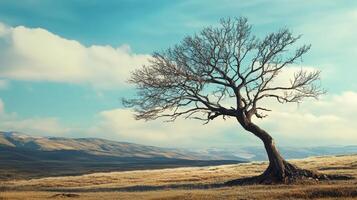 A stunning landscape featuring a lone bare tree against a backdrop of rolling hills and a bright blue sky, creating a tranquil and picturesque scene. photo