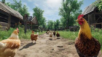 A group of chickens are walking down a dirt road. The chickens are brown and yellow. The scene is peaceful and calm photo