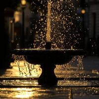 A stunning fountain glows in the golden light of sunset, with water droplets sparkling in a serene urban park. photo